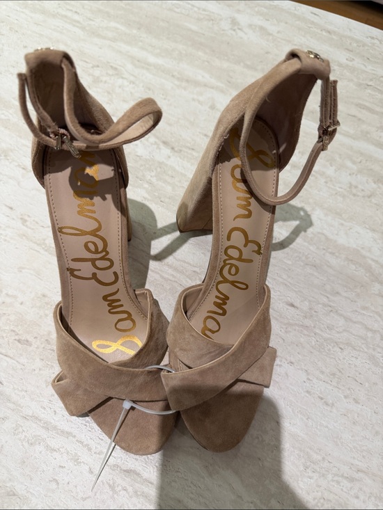 Sam Edelman Shoes - Sam Edelman Taupe Suede Twist Ankle-Strap Block Heels